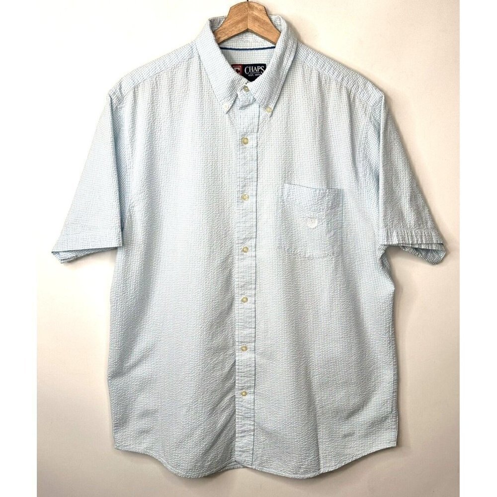 Ralph Lauren Chaps Shirt Men Large Blue Seersucker Button Up Short Sleeve Cotton